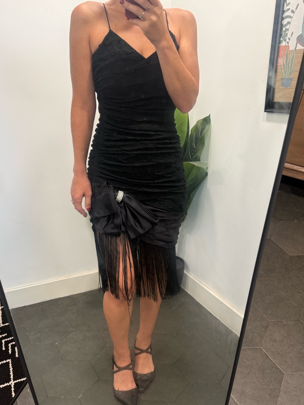 Black Asymmetrical Fringe Slip Dress with Side Bow Detail